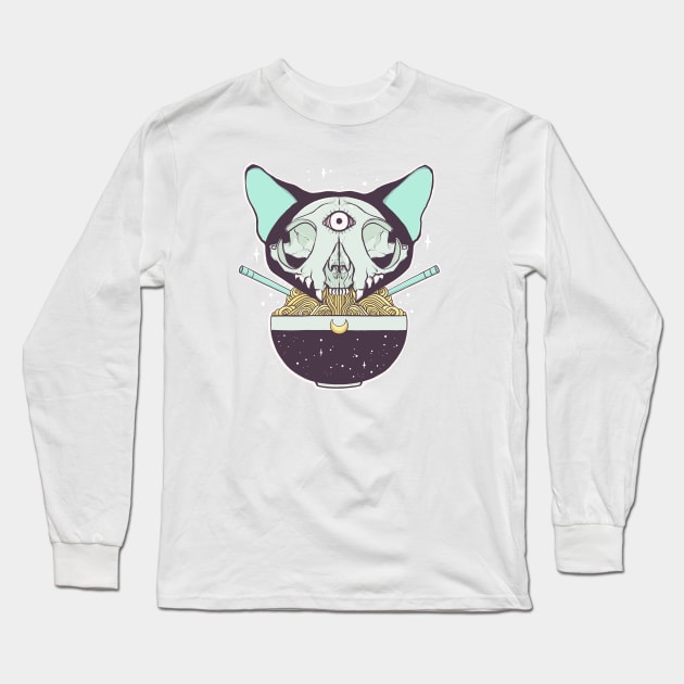 Cat Skull Raman Noodle Bowl Long Sleeve T-Shirt by cellsdividing